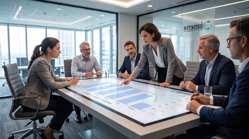 Diretoria analisando projeções e dimensionamento na plataforma Dimens WFM