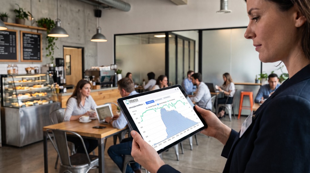 Gestora analisando gráfico de evolução histórica do Dimens WFM no tablet